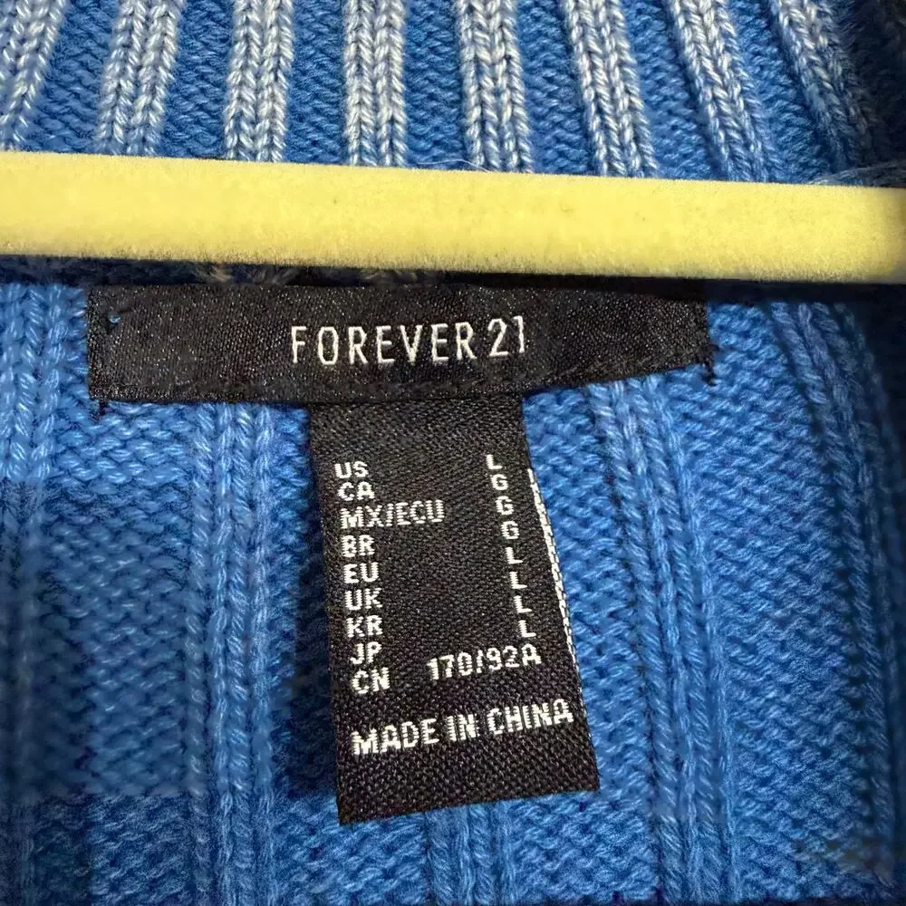 Forever 21 Blue Ribbed Full Zip Sweater Cropped Mock Neck Zip Up Sz L